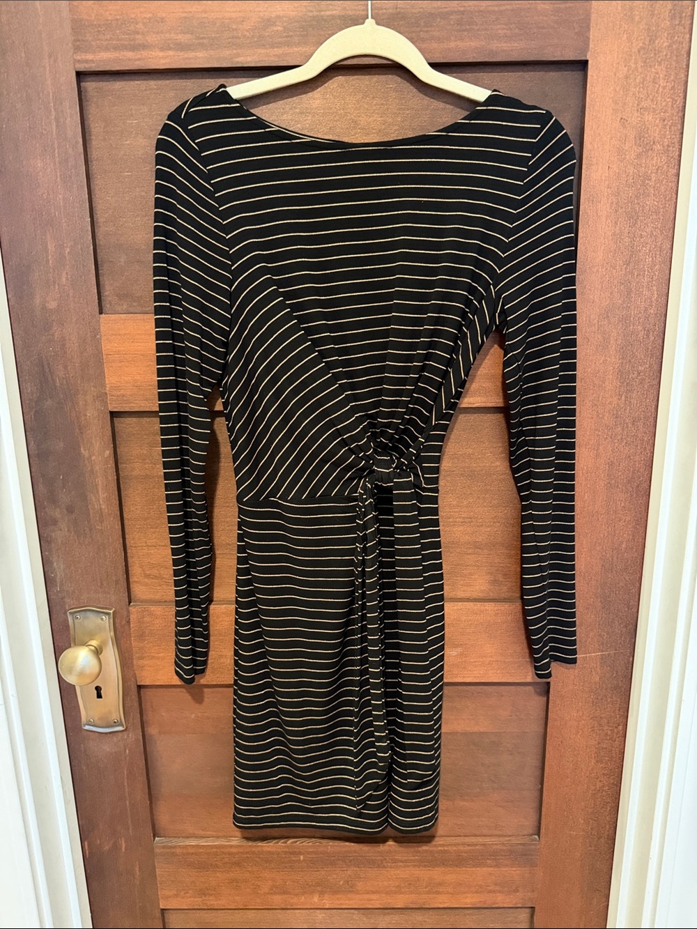 LOFT Black and Gold Striped Long-Sleeve Tie-Waist Dress